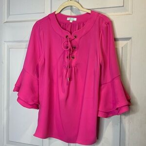 Jade Magenta Lace-Up Blouse with Flared Sleeves
